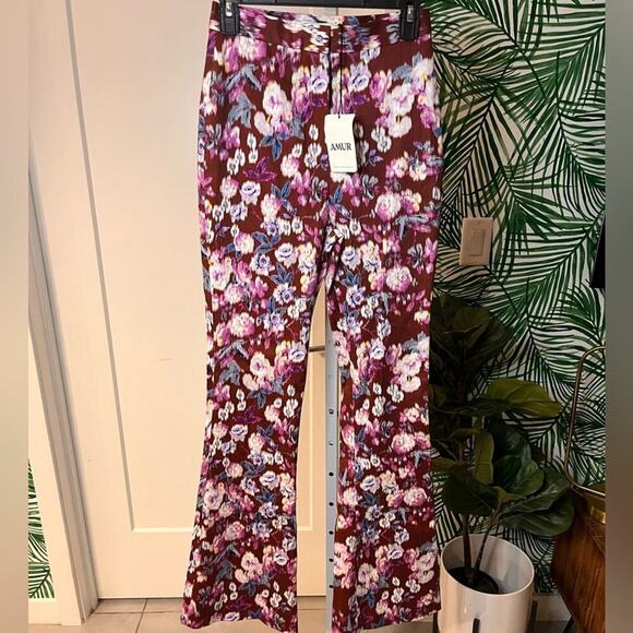 NWT AMUR Joan Floral Flare Pants in Bordeaux Size 2 MSRP $298 - Picture 2 of 11